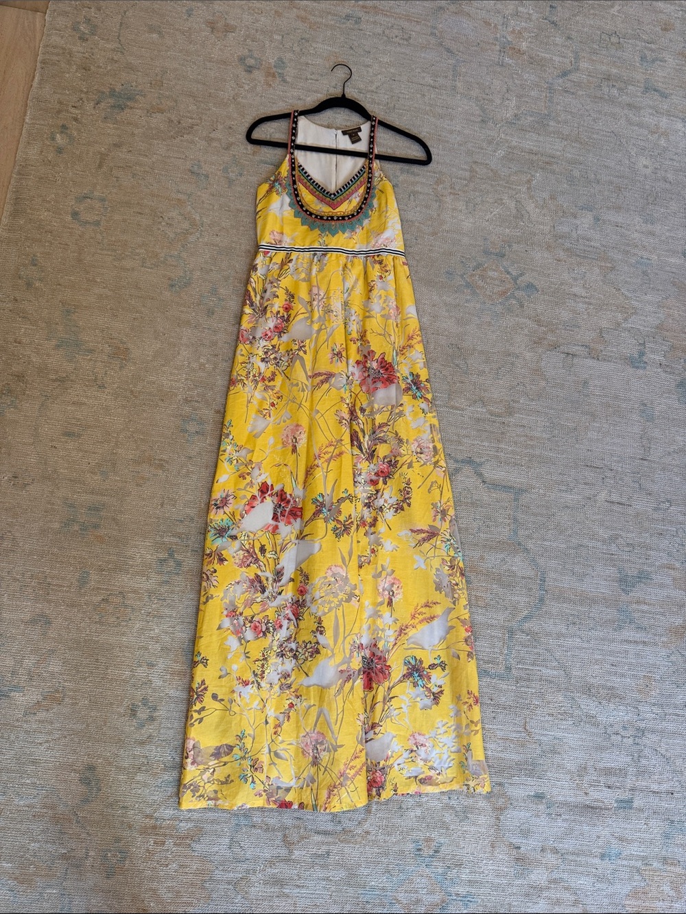 Yellow Floral Anthropologie Maxi Dress with Beaded Neckline